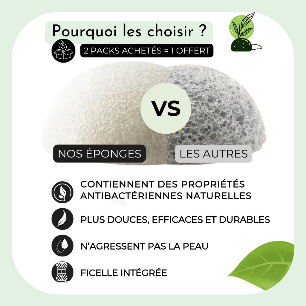 Pack 3 éponges Konjac, Charbon, Thé vert