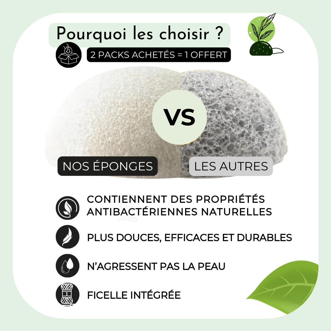 Pack 3 éponges Konjac, Charbon, Thé vert